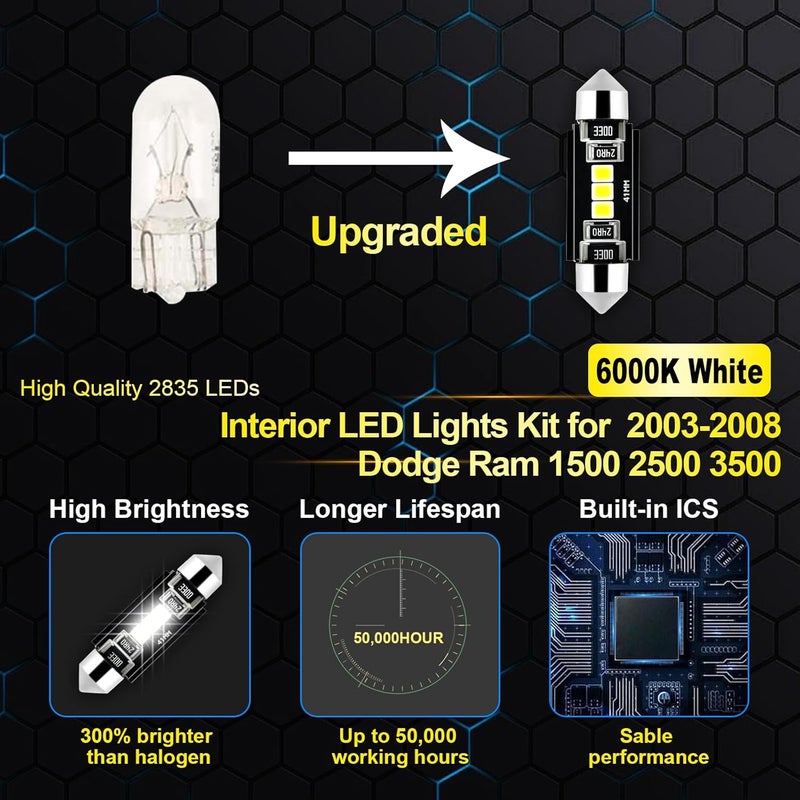 EASY EAGLE LED Interior Car Lights for 2003-2008-Dodge Ram-1500-2500-3500: 14 Piece Kit White LED Light Bulbs - Super Bright 6000K + Install Tool - Image 4